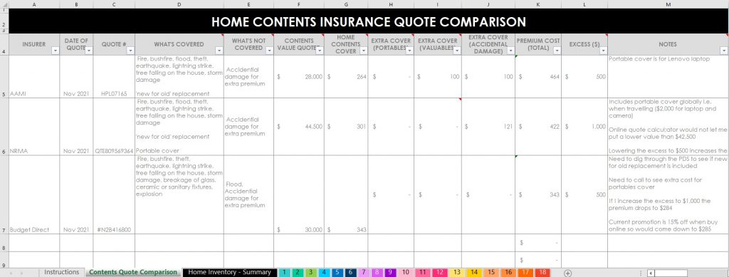 home contents insurance quote comparison spreadsheet home inventory organization valuables moving box contents garage sale