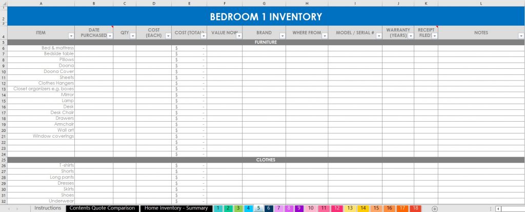 home contents insurance quote comparison spreadsheet home inventory organization valuables moving box contents garage sale bedroom