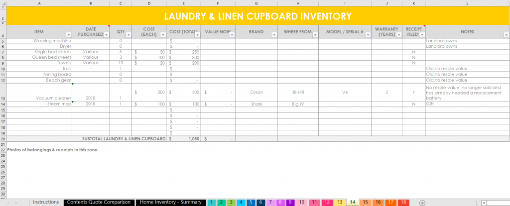 home inventory spreadsheet appliances warranties manuals assets home contents insurance calculator valuables log