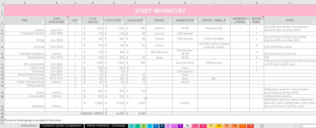 home inventory spreadsheet valuables home contents insurance calculator spreadsheet quick easy simple first home owner moving