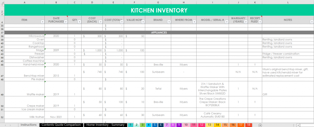 kitchen inventory spreadsheet appliances warranties manuals assets home contents insurance calculator valuables log