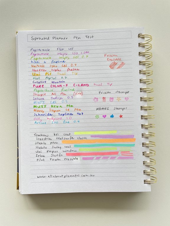 sprouted planner review pen test paper quality pen ink ghosting bleed through