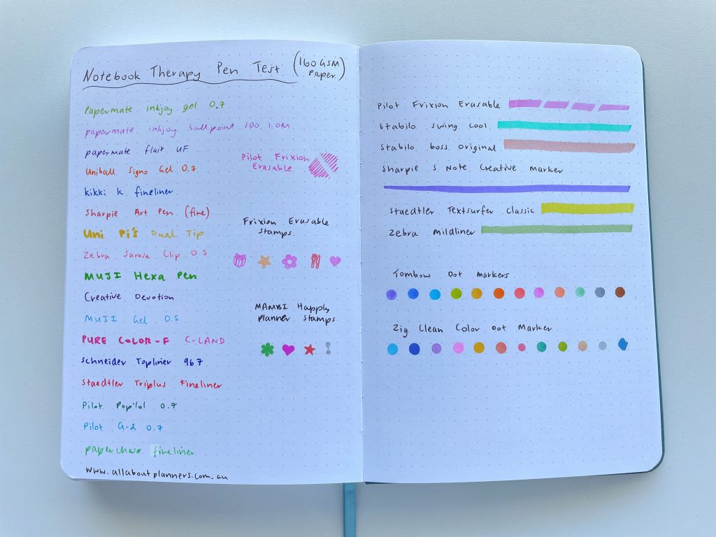 https://allaboutplanners.com.au/wp-content/uploads/2022/10/notebook-therapy-review-stencils-book-bound-dot-grid-bright-white-160-GSM-aqua-tsuki-dolphin-days-pen-testing-tombow-dot-marker-highlighters-frixion-erasable-1024x768.jpg