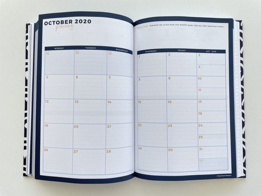 top down planner review monthly calendar split boxes monday week start