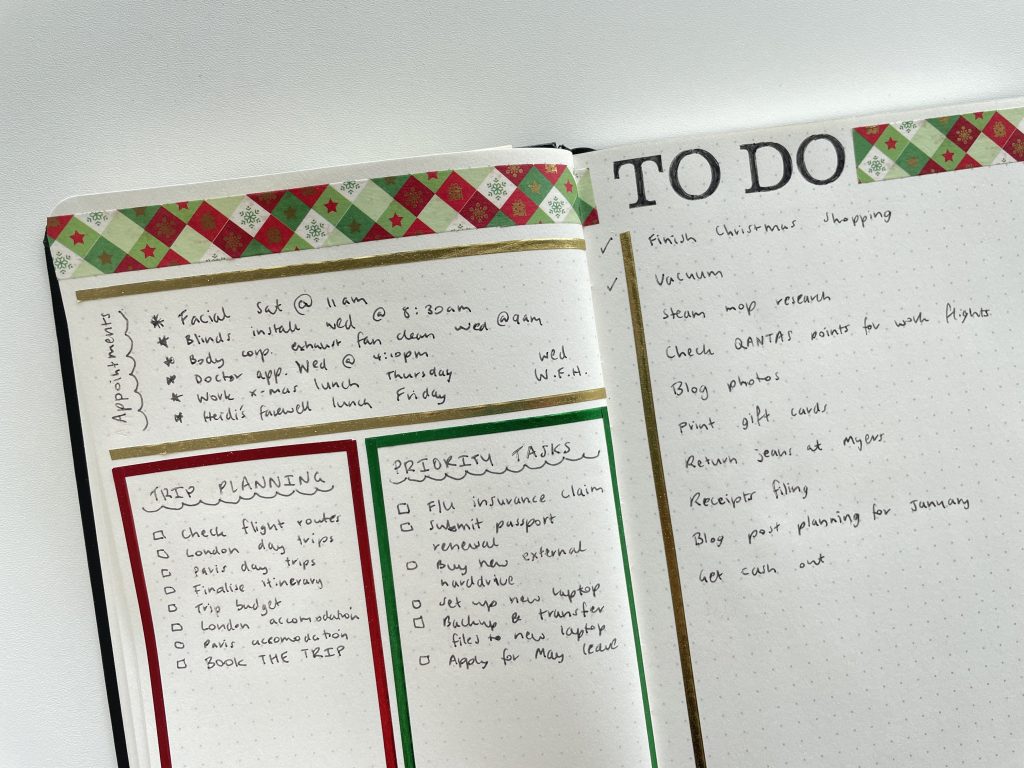 bullet journal christmas weekly spread washi tape simple quick easy foil washi tape