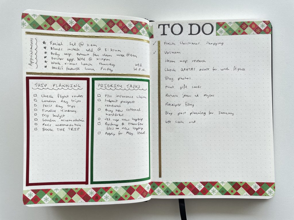 bullet journal christmas weekly spread washi tape simple quick easy foil washi tape checklist minoimalist