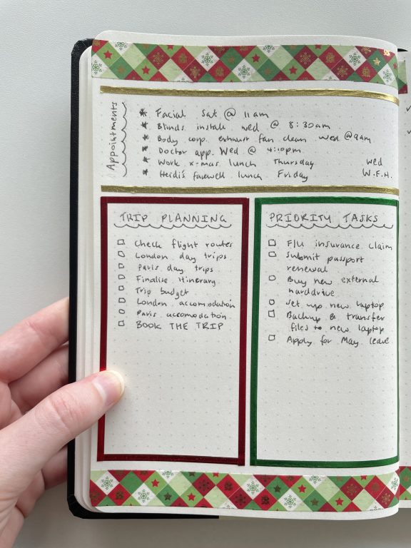 bullet journal christmas weekly spread washi tape simple quick easy foil washi tape checklists no weekdays or schedule spread