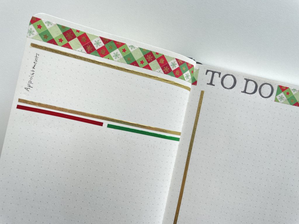 bullet journal christmas weekly spread washi tape simple quick easy foil washi tape peter pauper press essentials dot matrix notebook