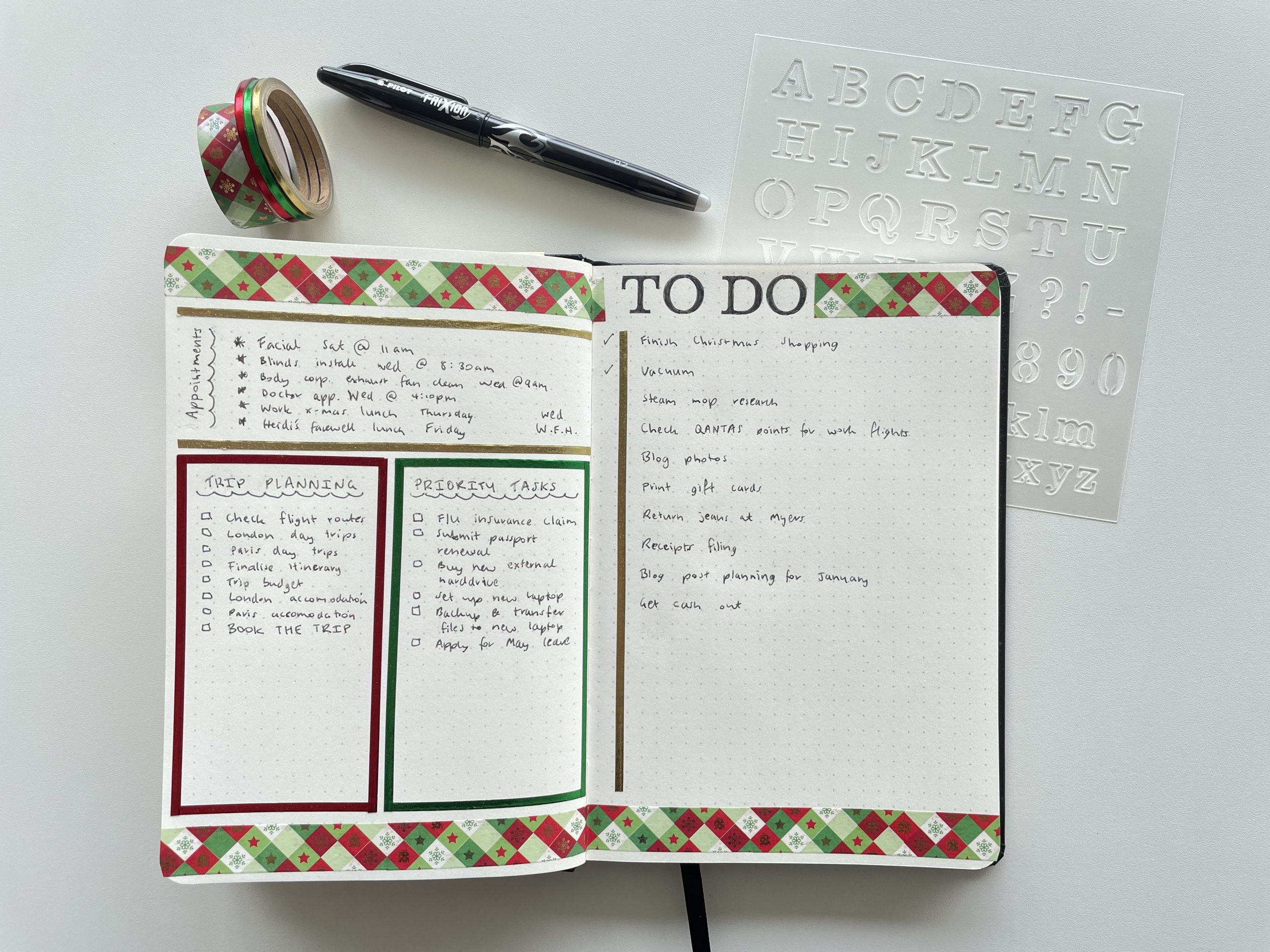 bullet journal christmas weekly spread washi tape simple quick easy foil washi tape the paper studio stencils frixion erasable pen all about planners