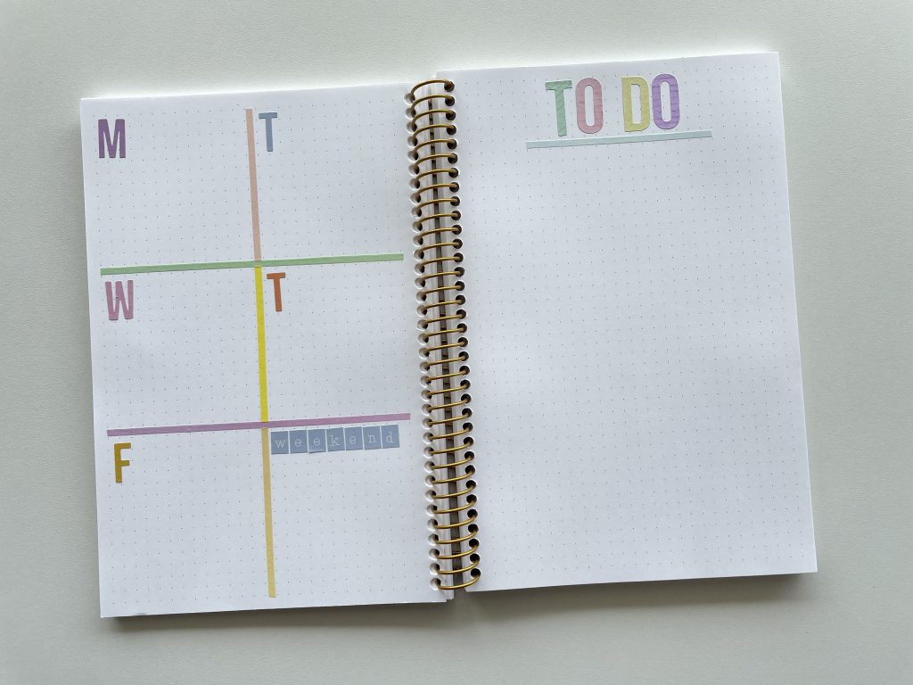 bullet journal weekly spread pastel simple colour coding simple stories alpha text sticker spring thin washi tape rainbow posy paper dot grid notebook