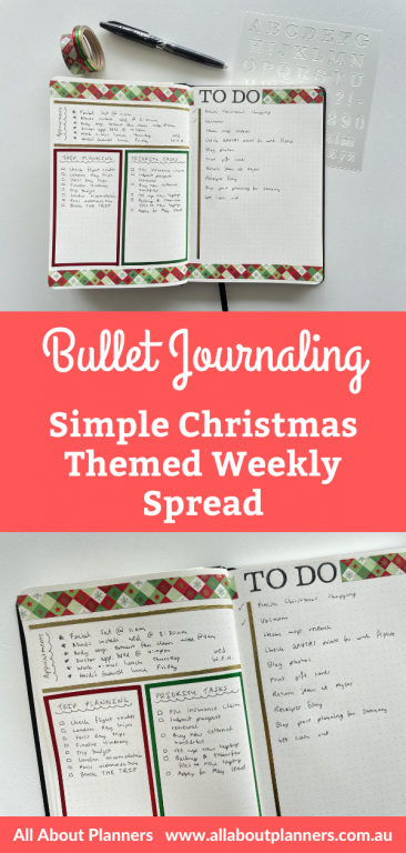 christmas bullet journal weekly spread simple quick easy washi tape red green gold theme foil washi checklist stencils