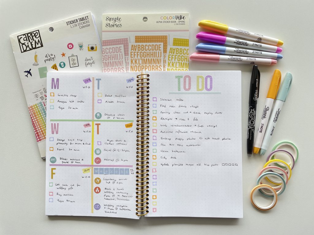 quick weekly spread bullet journaling rainbow washi tape sharpie s note highlighters simple stories alpha text stickers carpe diem icons