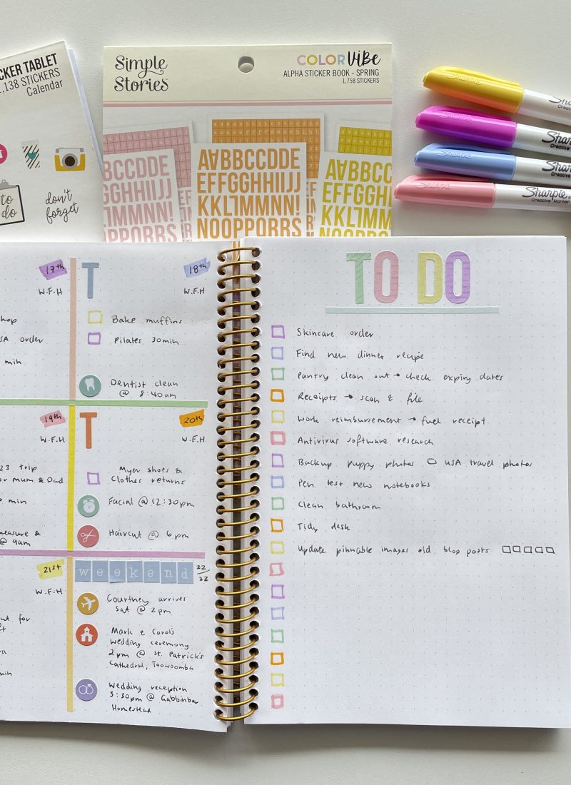 quick weekly spread bullet journaling rainbow washi tape sharpie s note highlighters simple stories alpha text stickers carpe diem icons