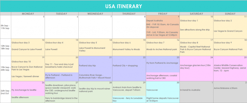 USA itinerary summary - september october national parks autumn colours globus arizona nevada utah alaska oregon washington