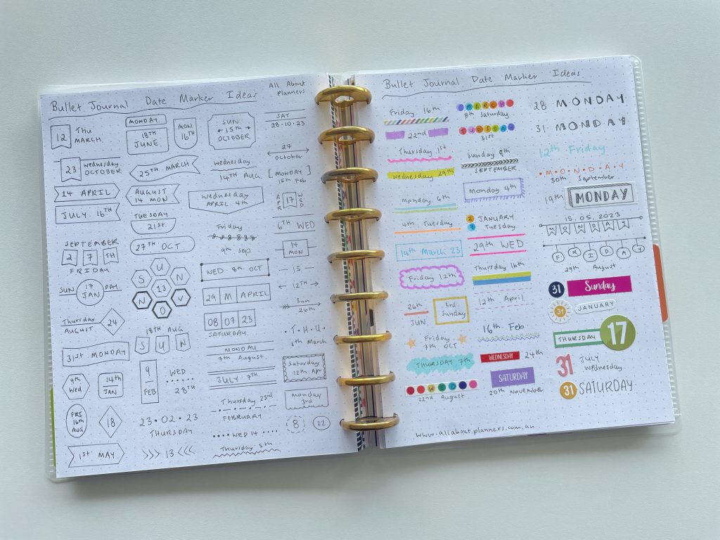 bullet journal date marker ideas header tips bujo inspiration ideas days of the week dates alternative to date dot minimalist colourful stickers layering planner inspo