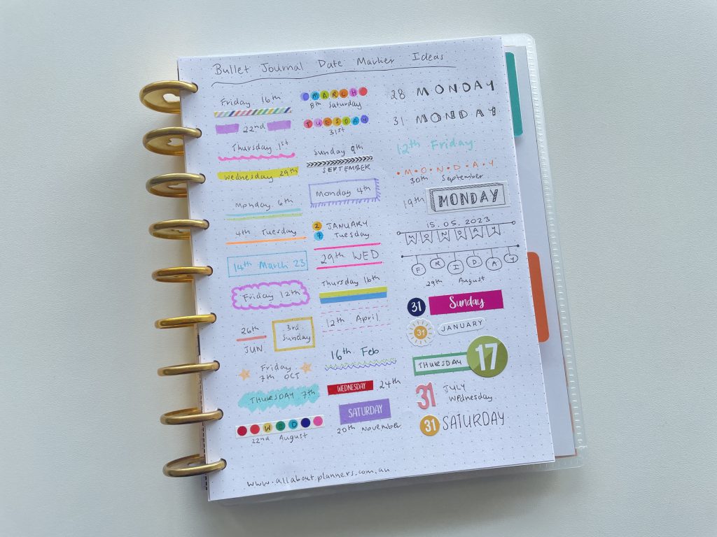 date marker ideas for bullet journal colourful ideas inspiration tips sticker layering highlighters frixion erasable minimalist washi tape all about planners