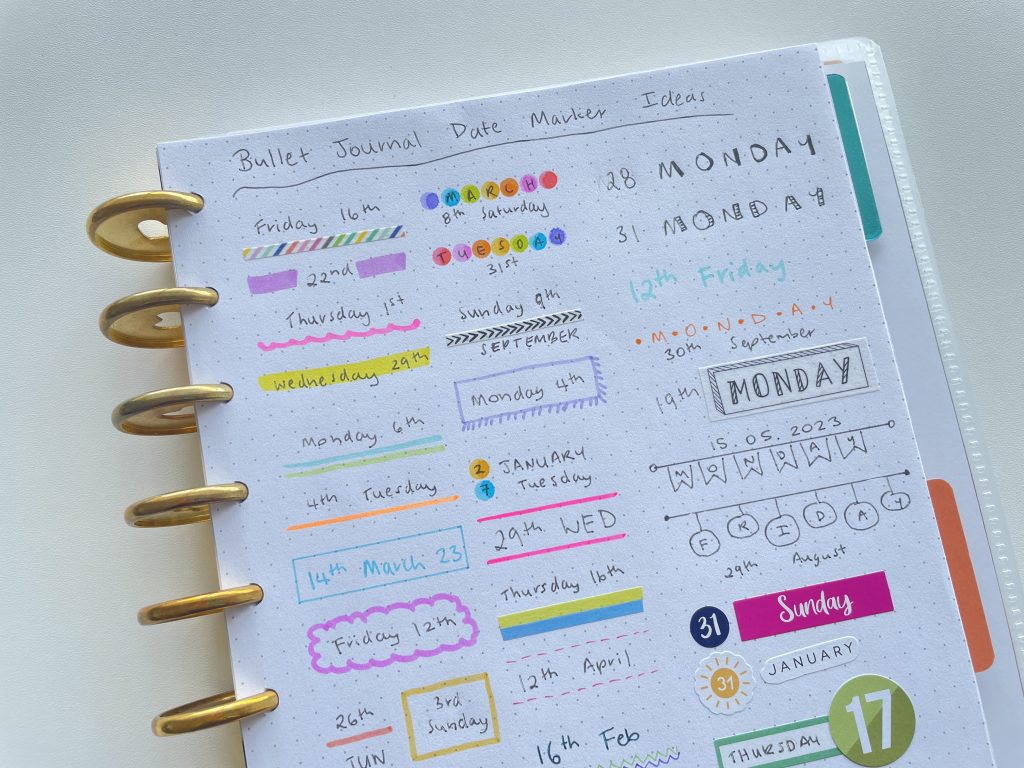 date marker ideas for bullet journal colourful ideas inspiration tips sticker layering highlighters frixion erasable minimalist washi tape all about planners month day year