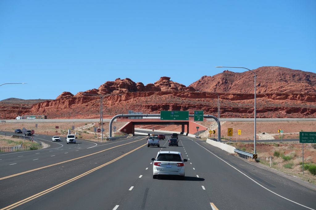 driving to las vegas via utah usa highway freeway interstate desert globus enchanting canyonlands road trip