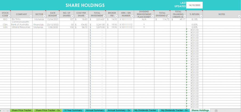 share portfolio tracker holdings buy and sell capital gain dividends franking credits annual summary sector return