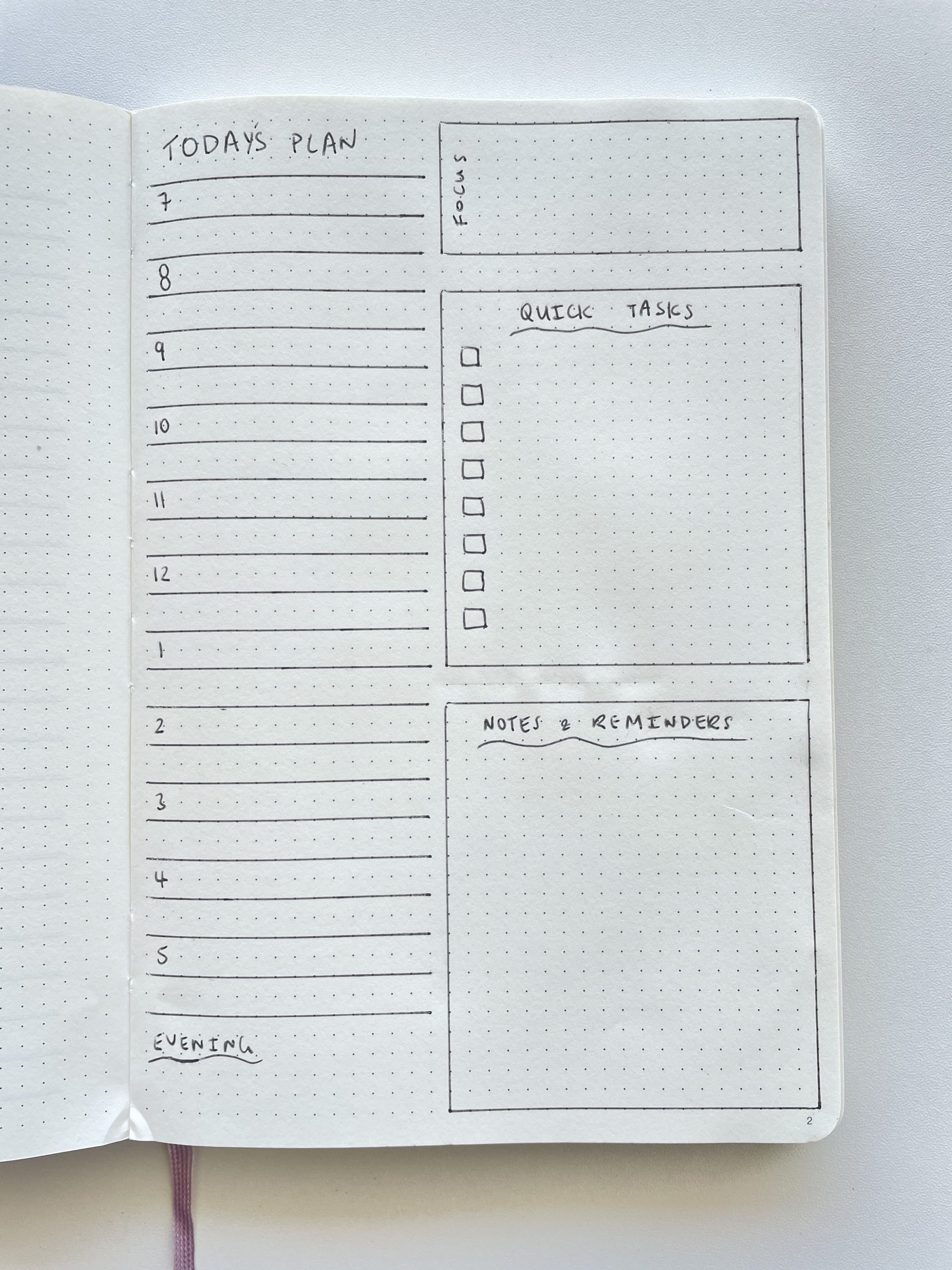 bullet journal daily spread you can draw fast minimalist quick easy simple 7am to 5pm notes pomodoro quick tasks focus example template