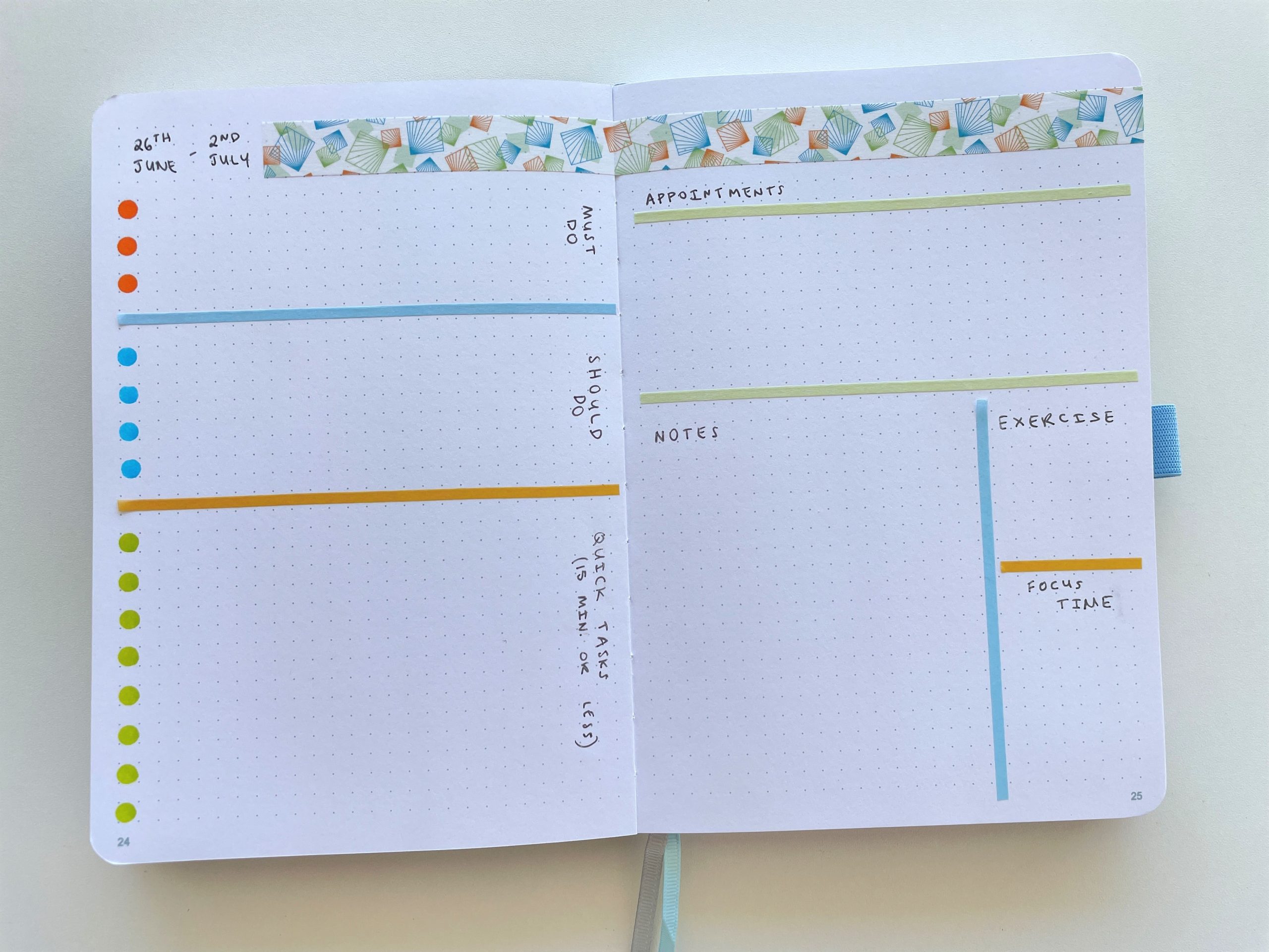simple bullet journal weekly spread using mt washi tape blue green orange theme pomodoro tracker thin washi tape timbow dot markers esc good notebook tips