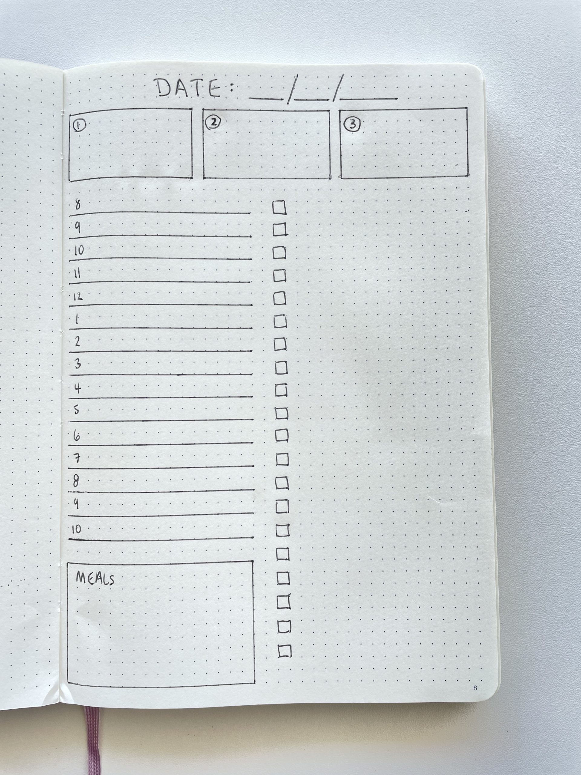 simple daily planner spread bullet journal layout schedule 8am to 10pm notes checklist top 3 priority draw it fast