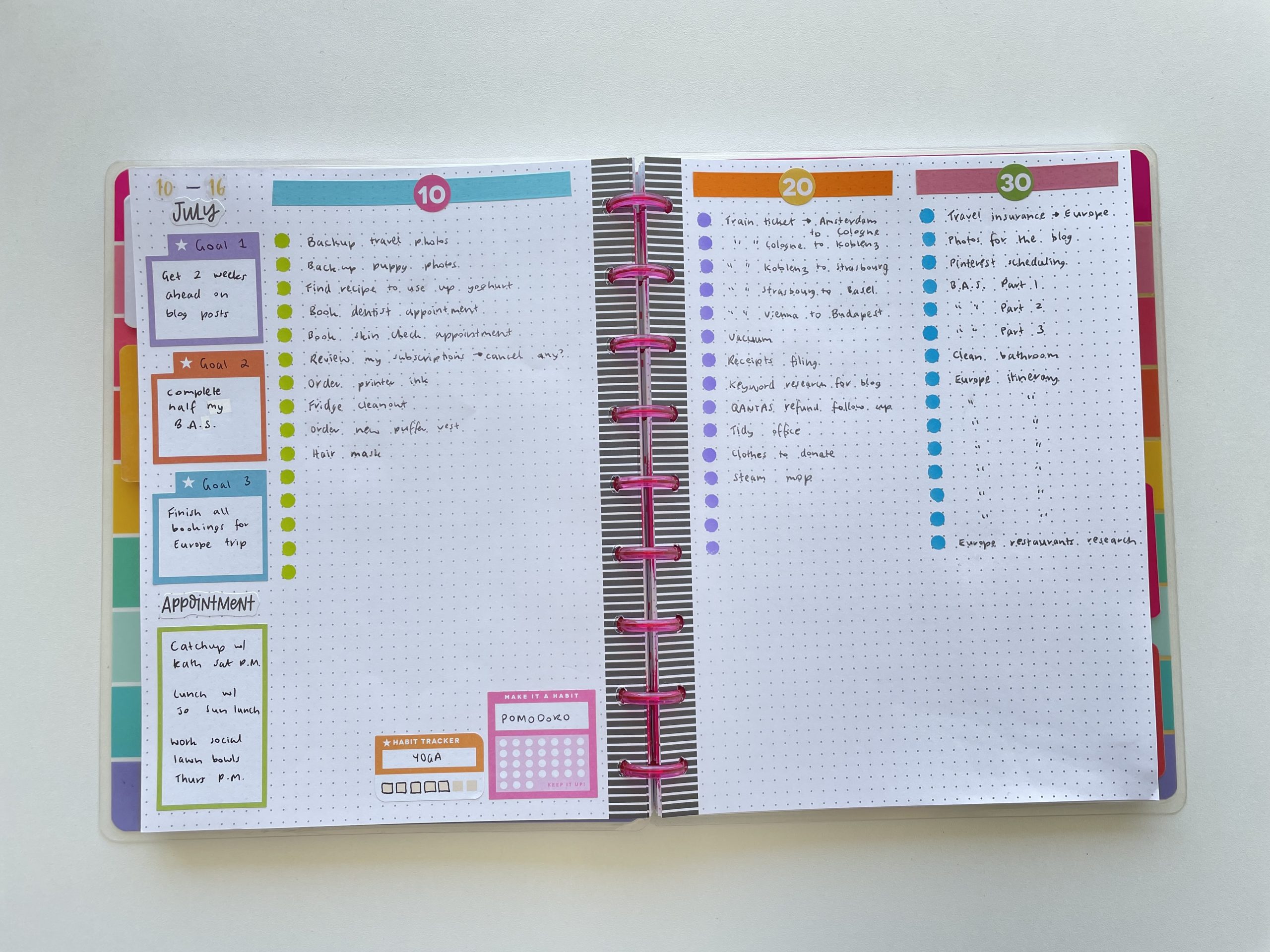 bullet journal weekly spread in the happy planner classic me and my big ideas tombow dot markers colorful stickers
