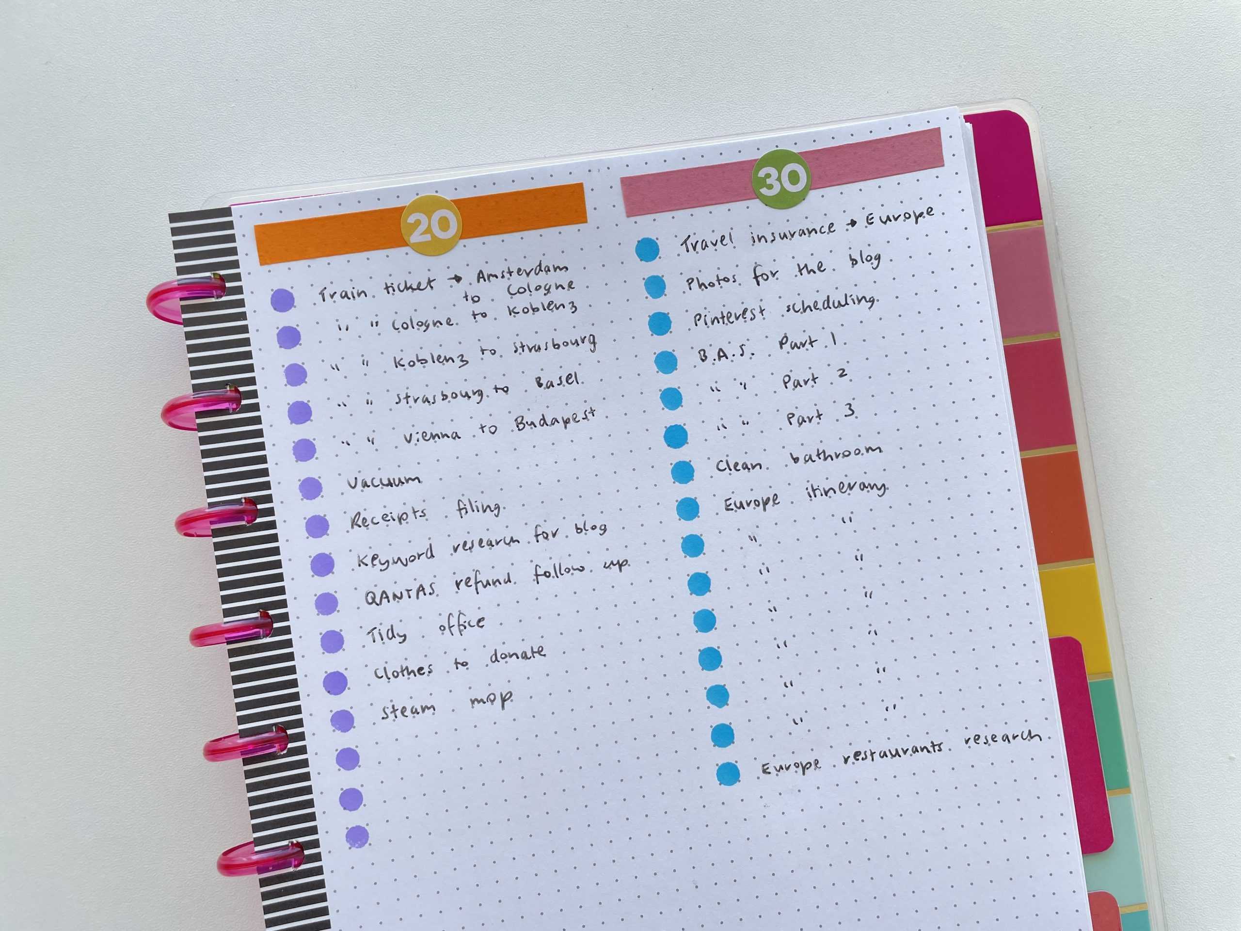 happy planner colorful weekly spread tombow dot markers color coded checklists minimalist simple layout washi tape checklist