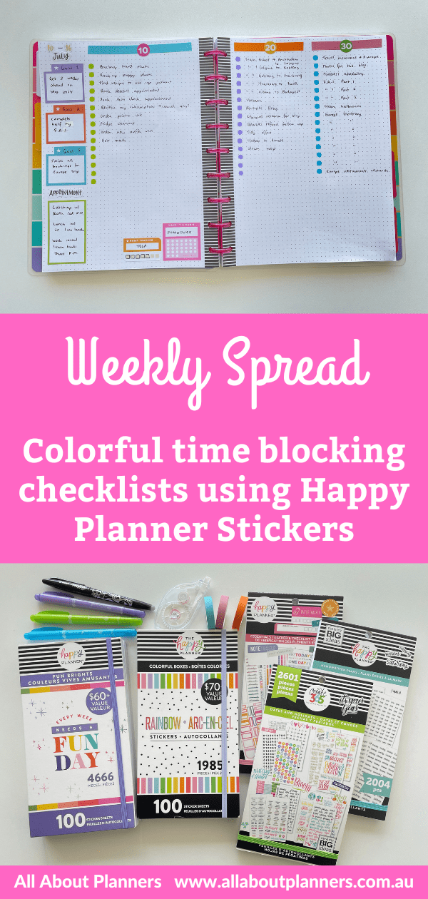 weekly spread time blocking color coded checklists tombow dot markers happy planner classic size stickers