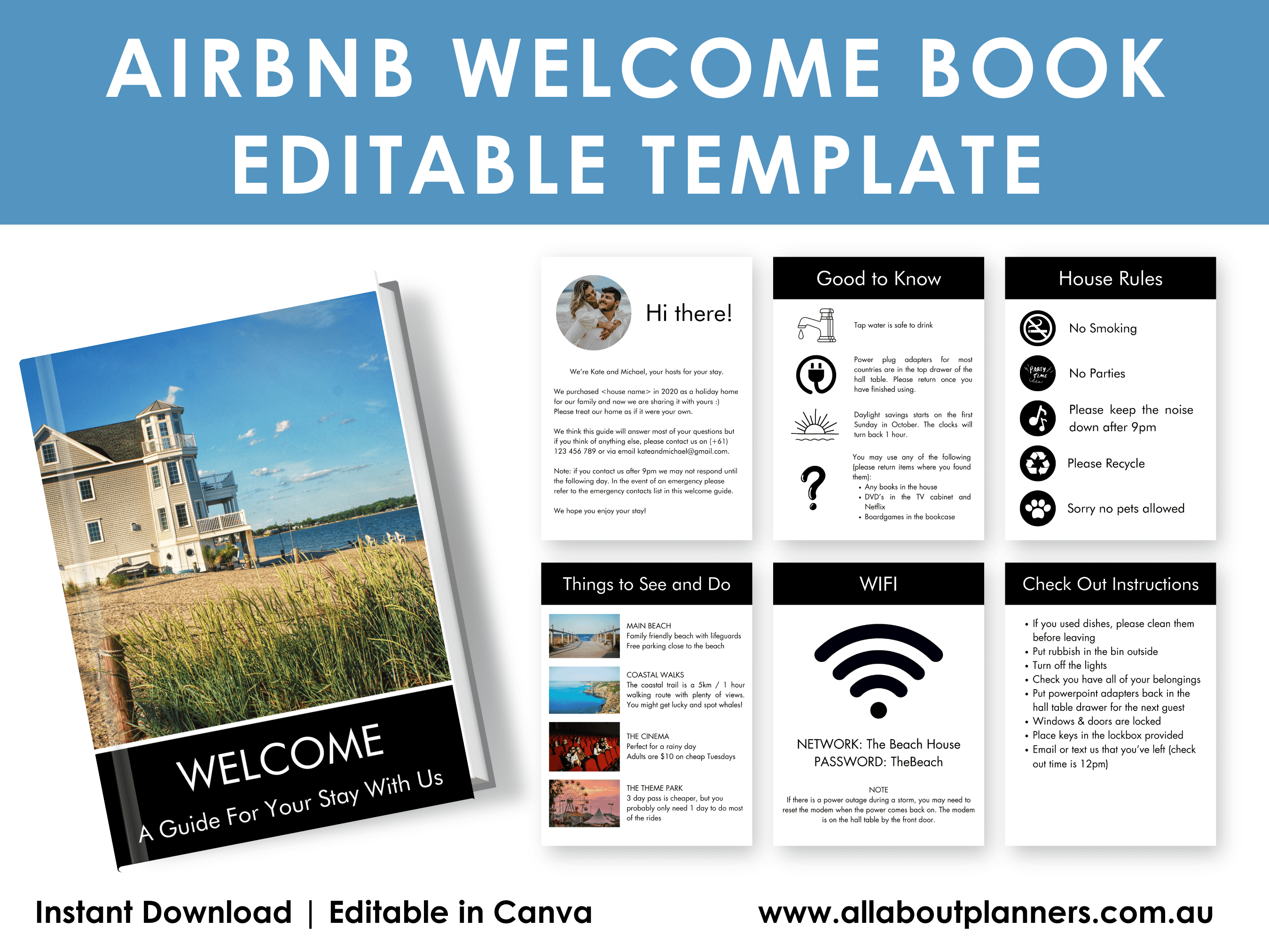 airbnb welcome book editable template canva emergency contact wifi password restaurant restaurants recommendations printable feedback form