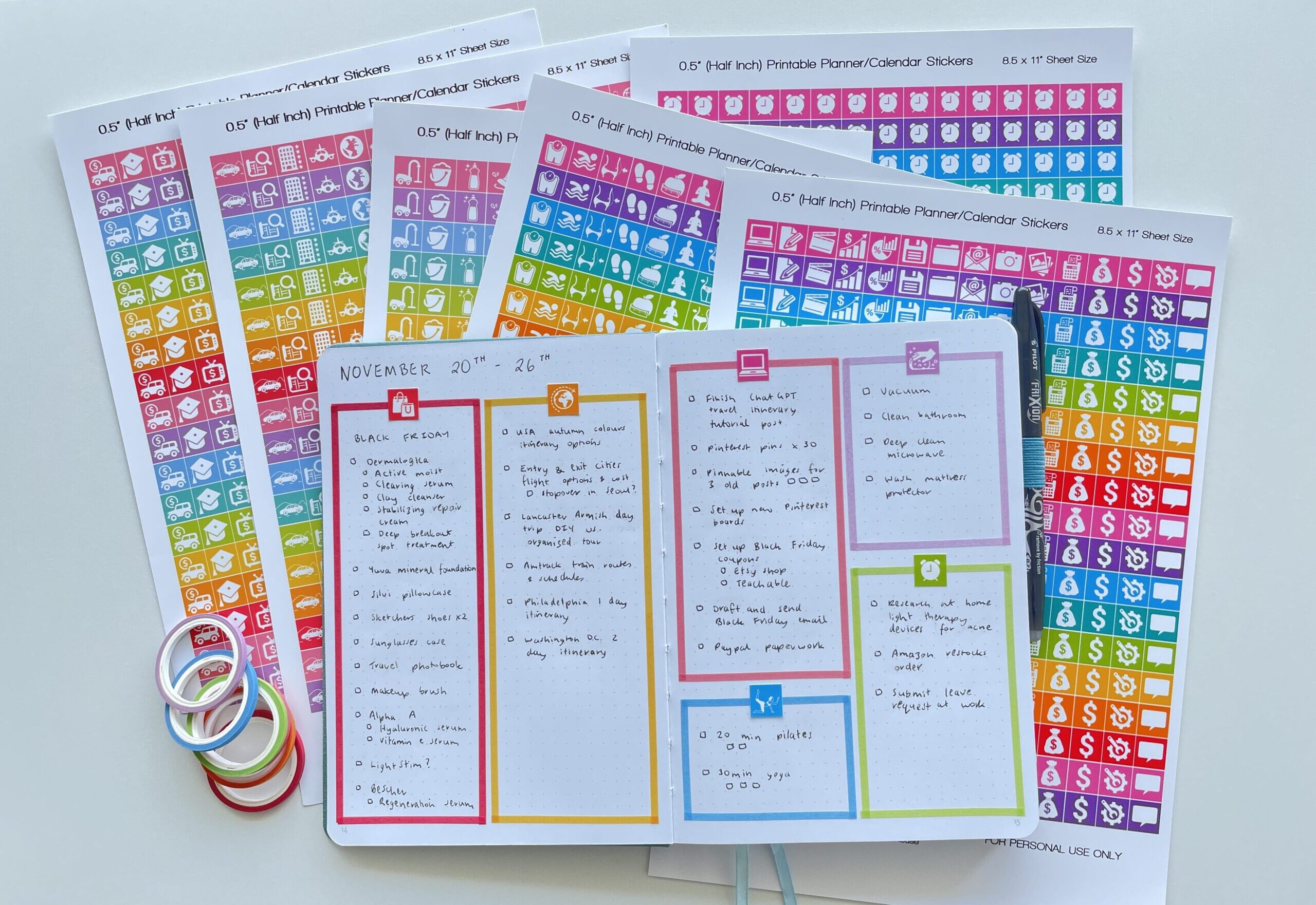 bullet journal weekly spread rainbow simple functional icon planner stickers skinny thin washi tape quick simple decorative
