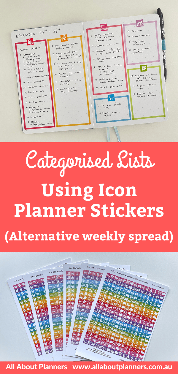 planning by category rather than by day non traditional bullet journal weekly spread rainbow icon planner stickers printable