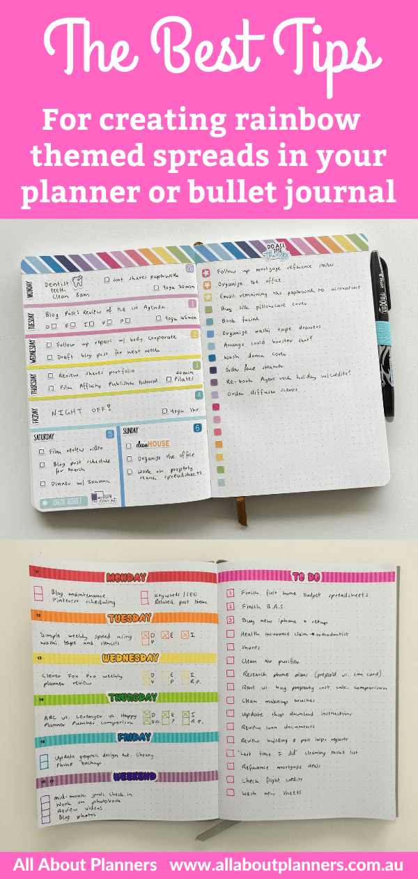 tips for creating rainbow themed spreads in your bullet journal quick simple easy favorite supplies recommended all about planners