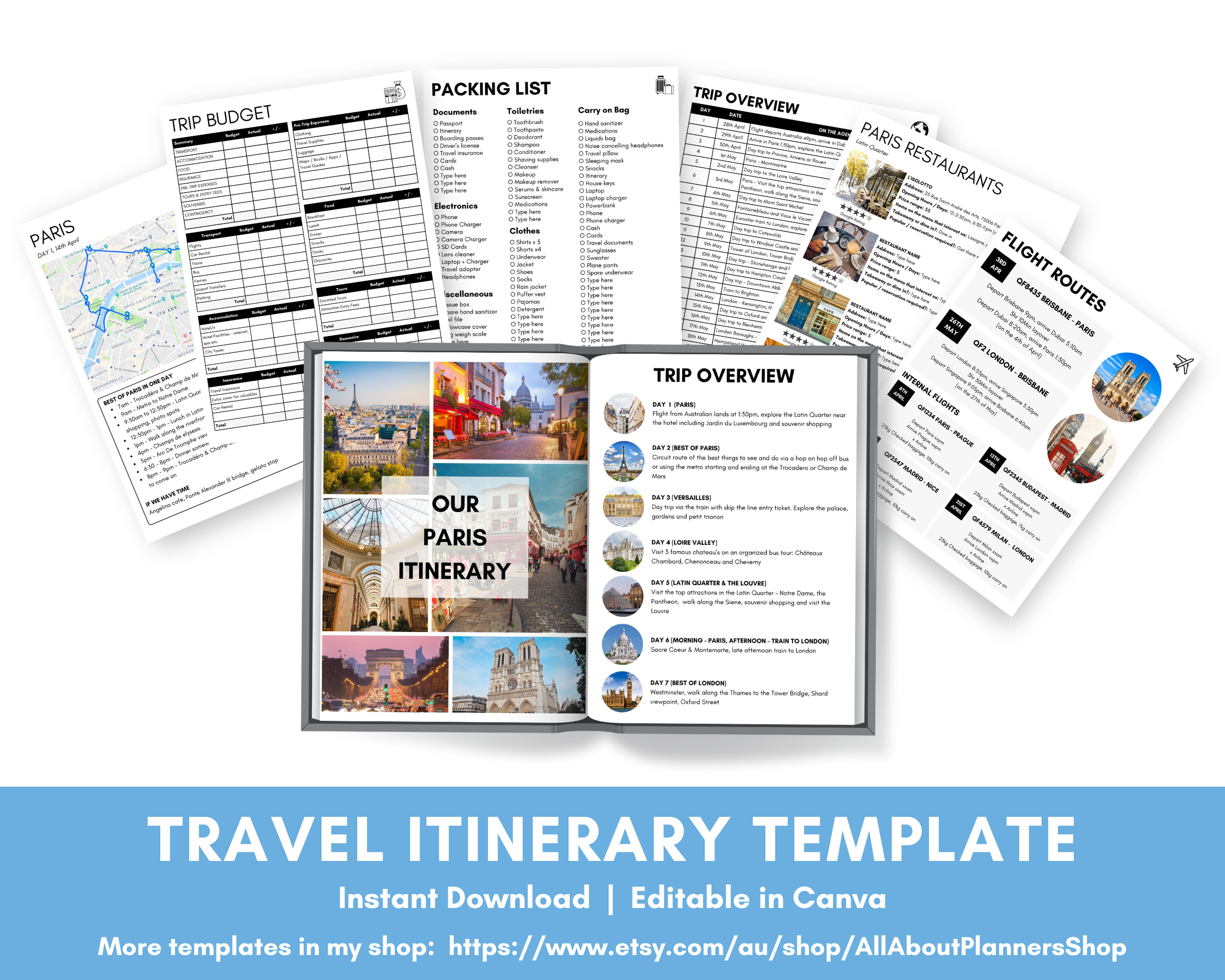 DIY itinerary template canva vacation planner travel itinerary document fully editable customisable accommodation bookings tours daily itinerary flight train restaurant list