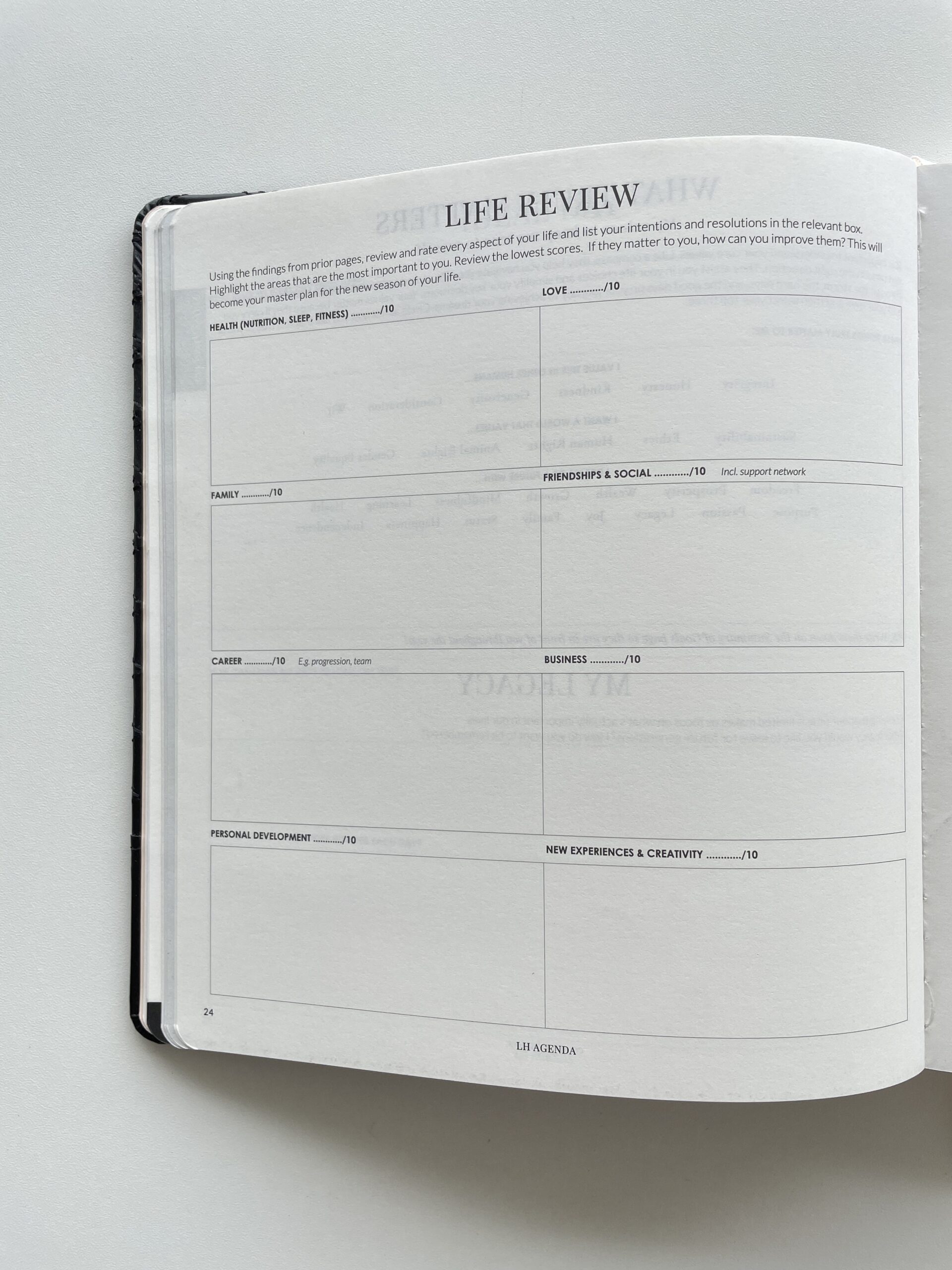 LH Agenda planner life review fitness health money goals career work goal setting minimalist undated large sewn bound level 10 life rating
