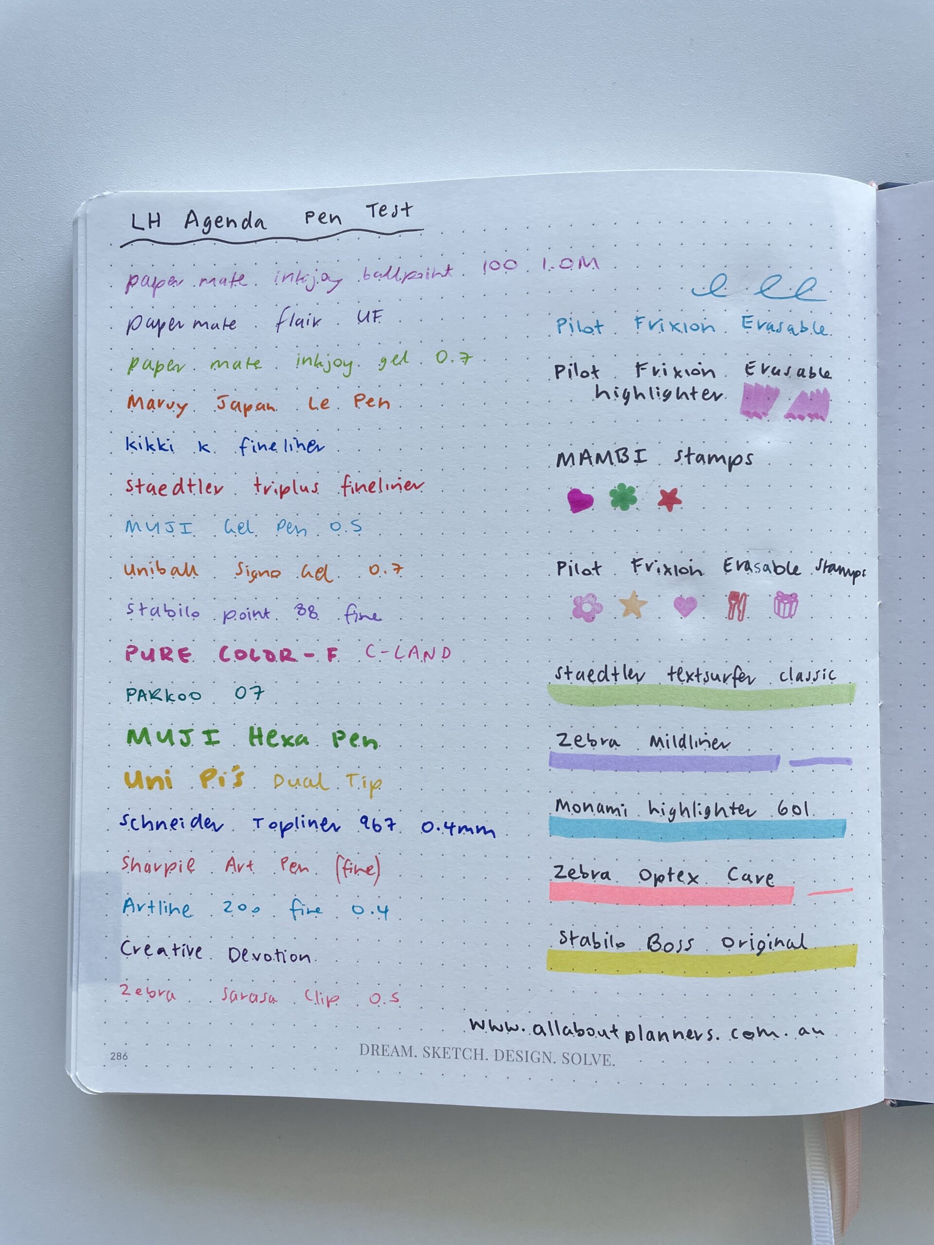 LH Agenda weekly planner review pen testing ghosting bleed through paper quality stamps ballpoint gel fine tip pens highlighters frixion erasable