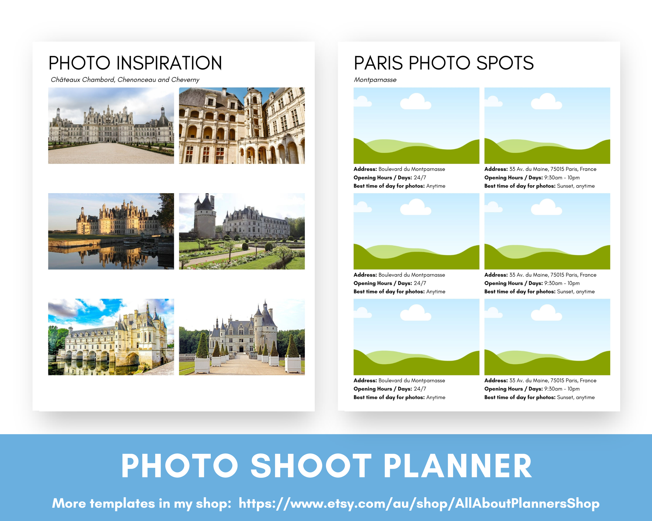 Photo shoot planner travel itinerary template simple customisable in canva editable quick simple easy to print or use digitally