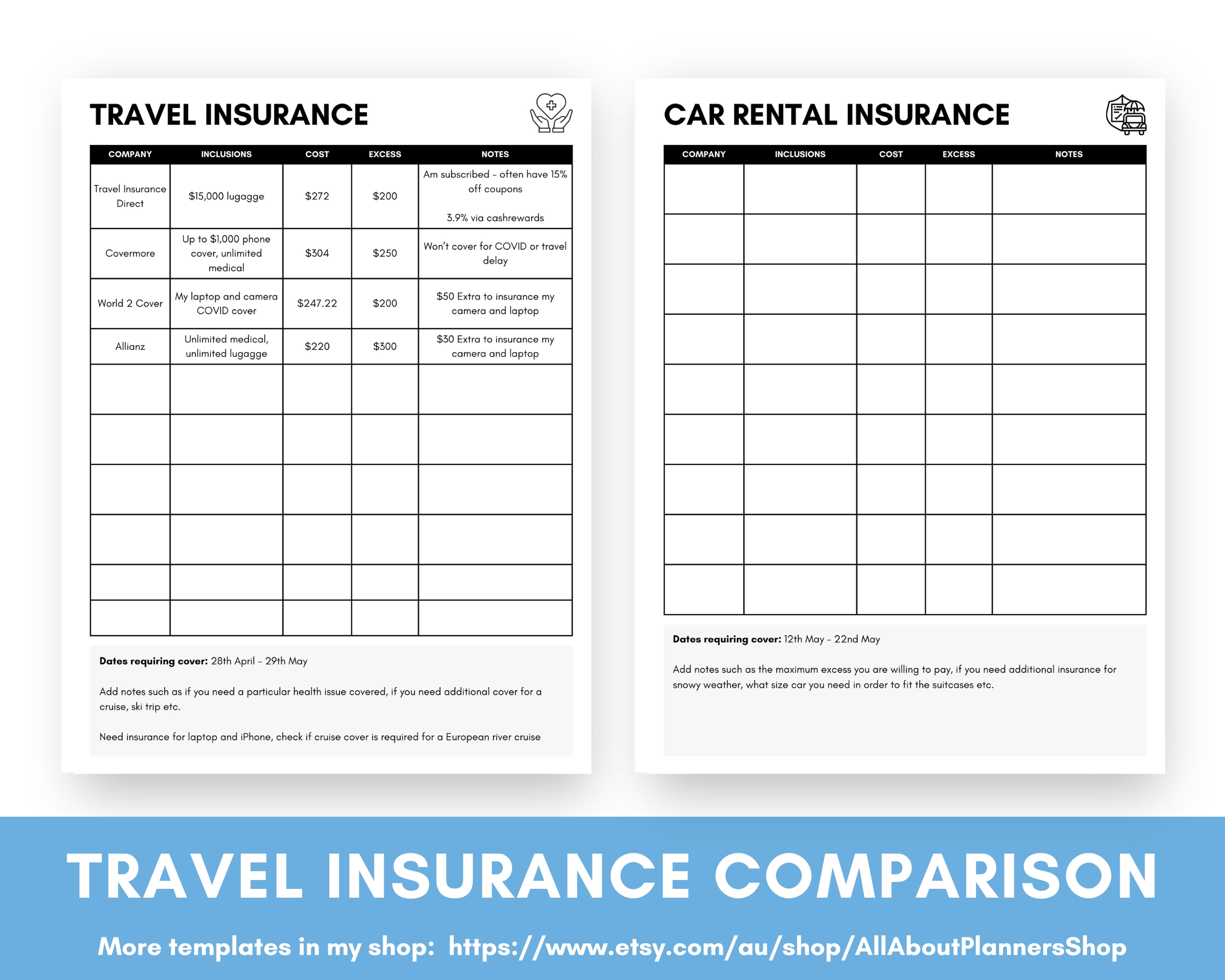 Travel insurance comparison template printable editable in canva customisable car rental simple easy to use