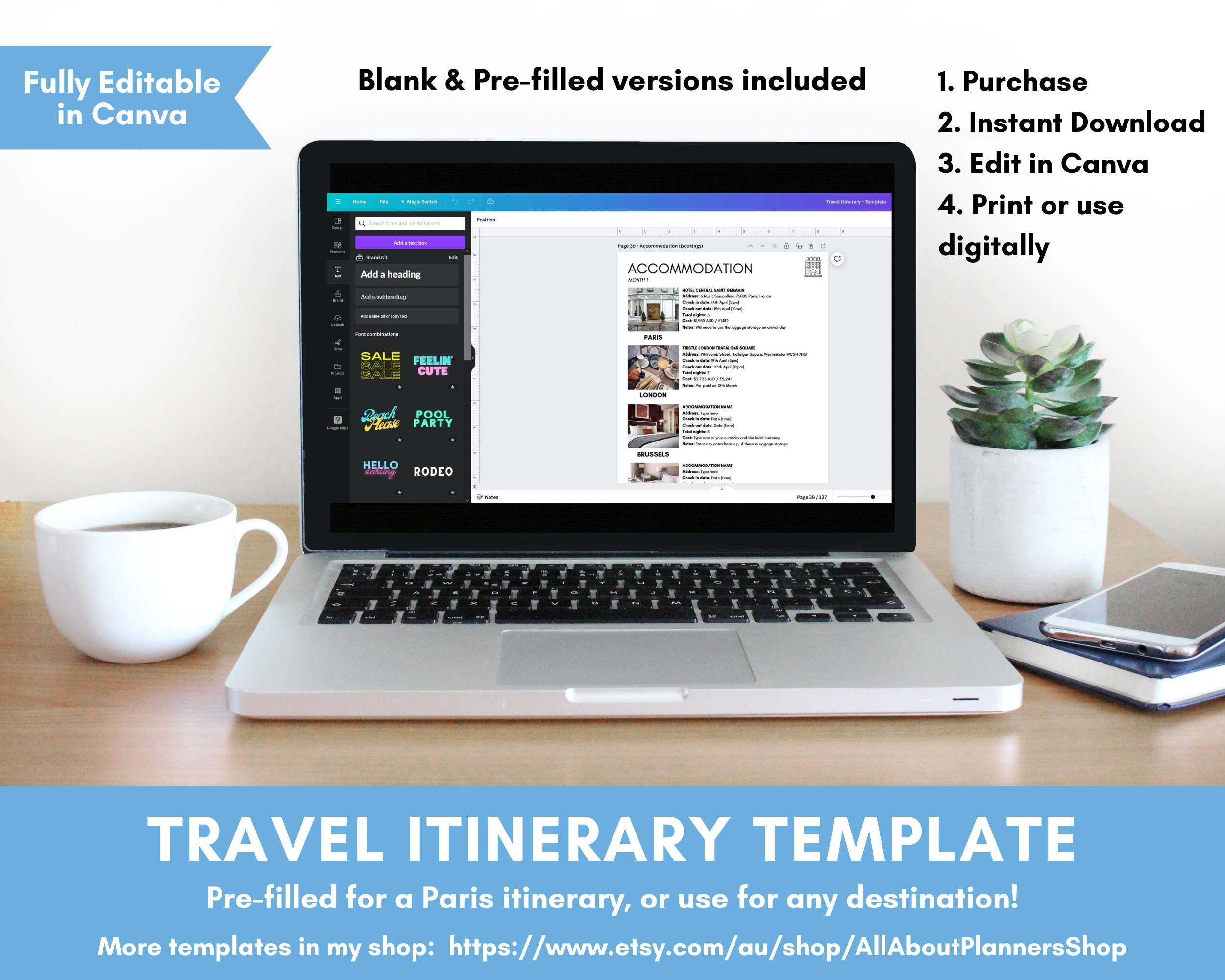Travel itinerary template canva fully editable customisable simple easy to use for any destination weekend week month long overseas europe paris itinerary