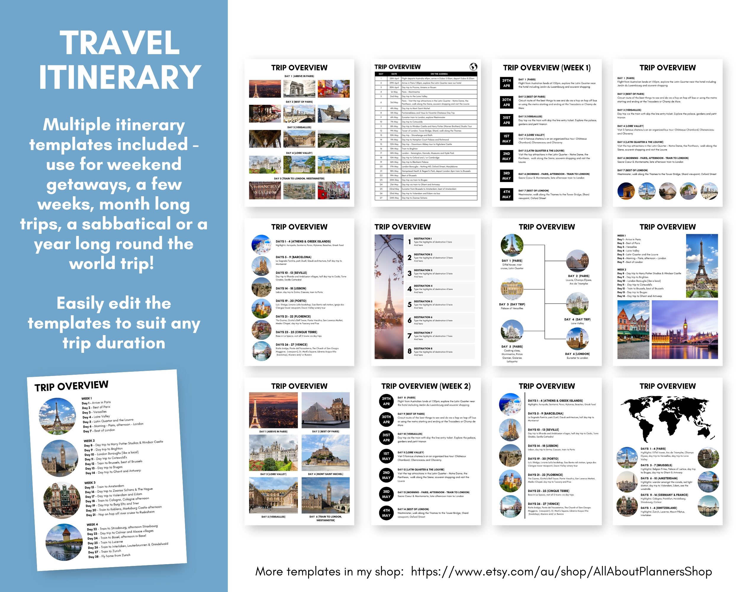 canva travel itinerary template daily weekly monthly sabbatical round the world trip planner rtw organized research links bookings accommodation tours