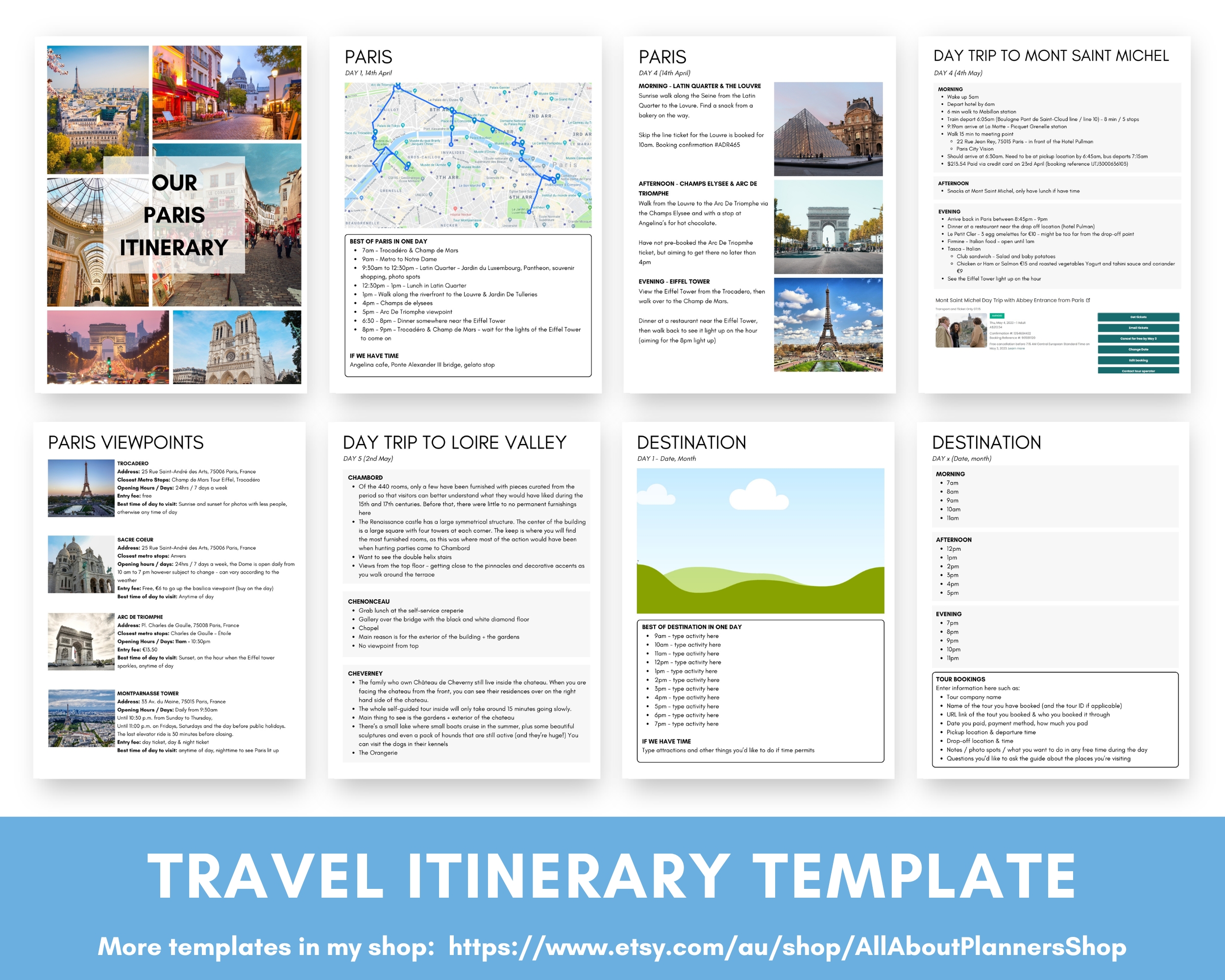 daily travel itinerary template for overseas holiday to europe customise in canva day trip booking accommodation tours research comparison