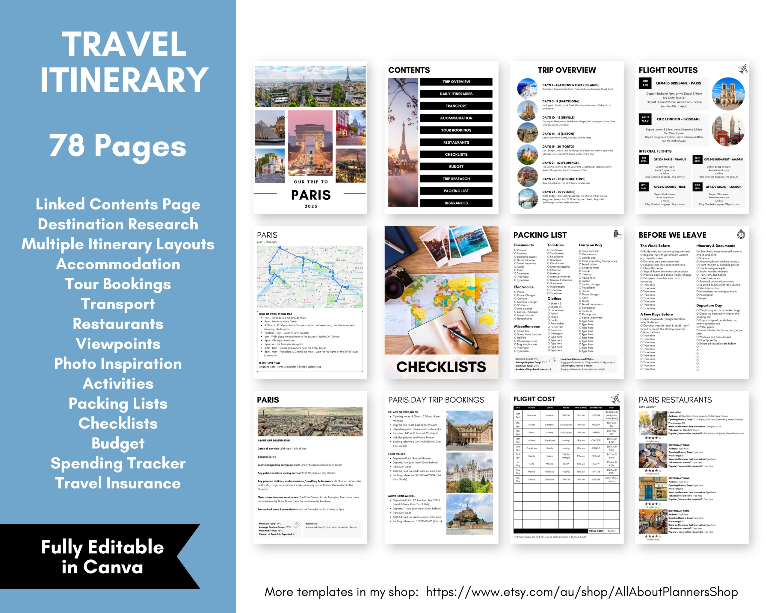 editable travel itinerary template vacation planner overseas holiday europe packing list checklist viewpoints attractions accommodation tour bookings