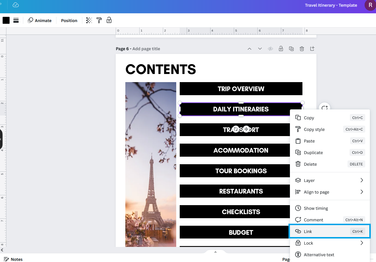 how to create hyperlinks in canva quick tutorial easy step by step digital travel itinerary digital planning bullet journal