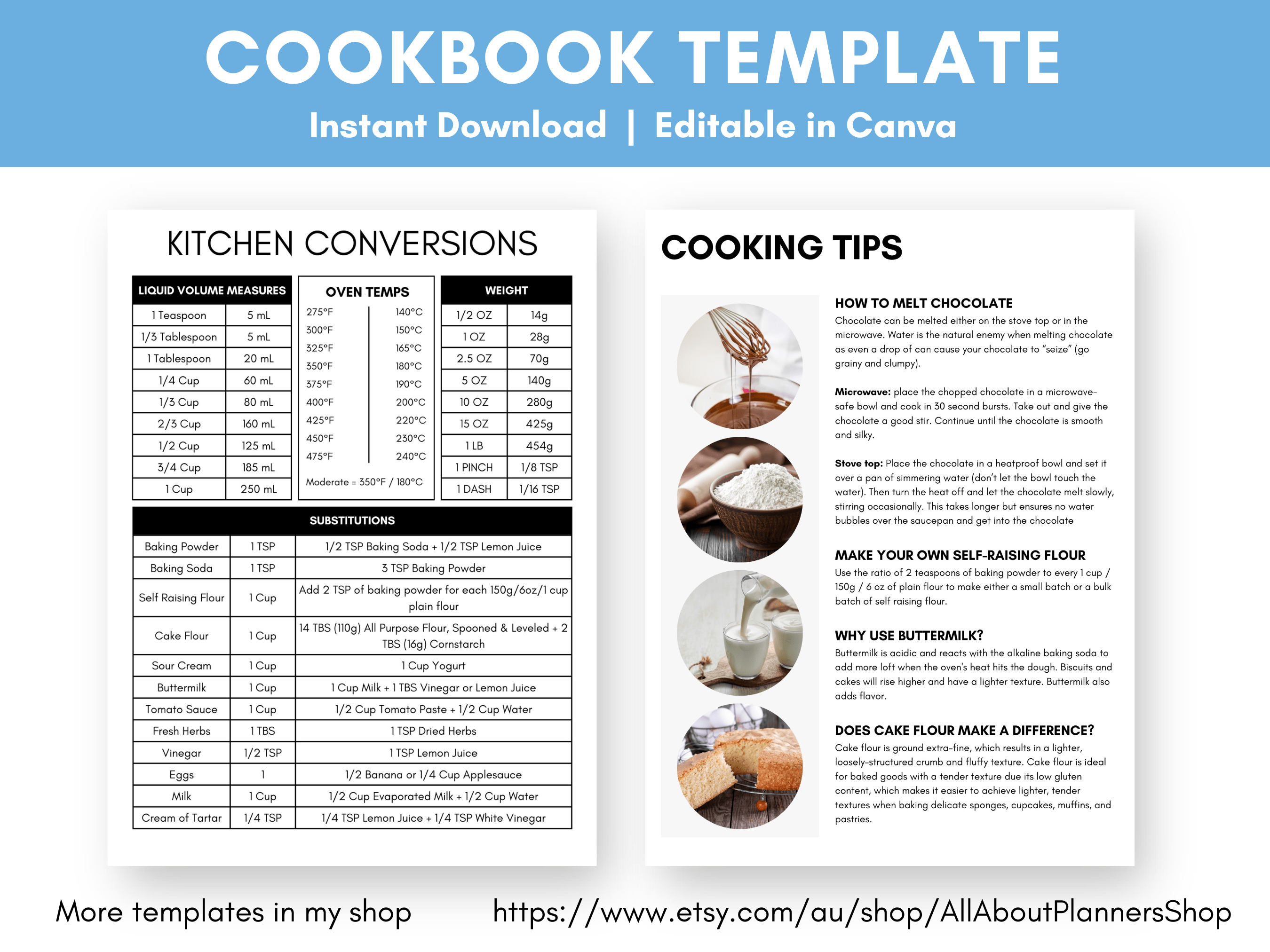 kitchen conversions cooking tips cookbook recipe card template canva fully editable customisable easy to use printable all about planners-min