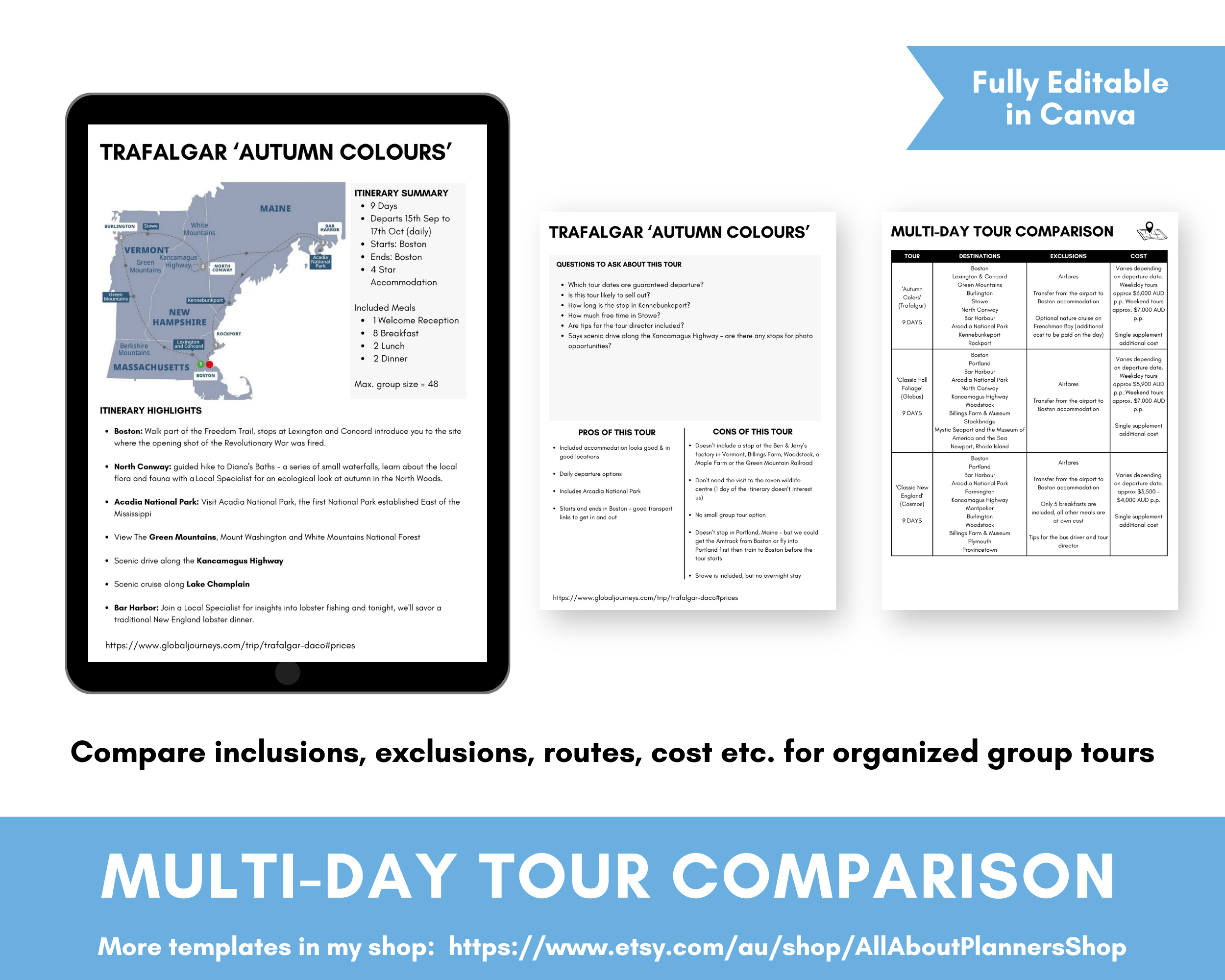 multi day tour itinerary research travel planner editable in canva inclusions exclusions route attractions costs