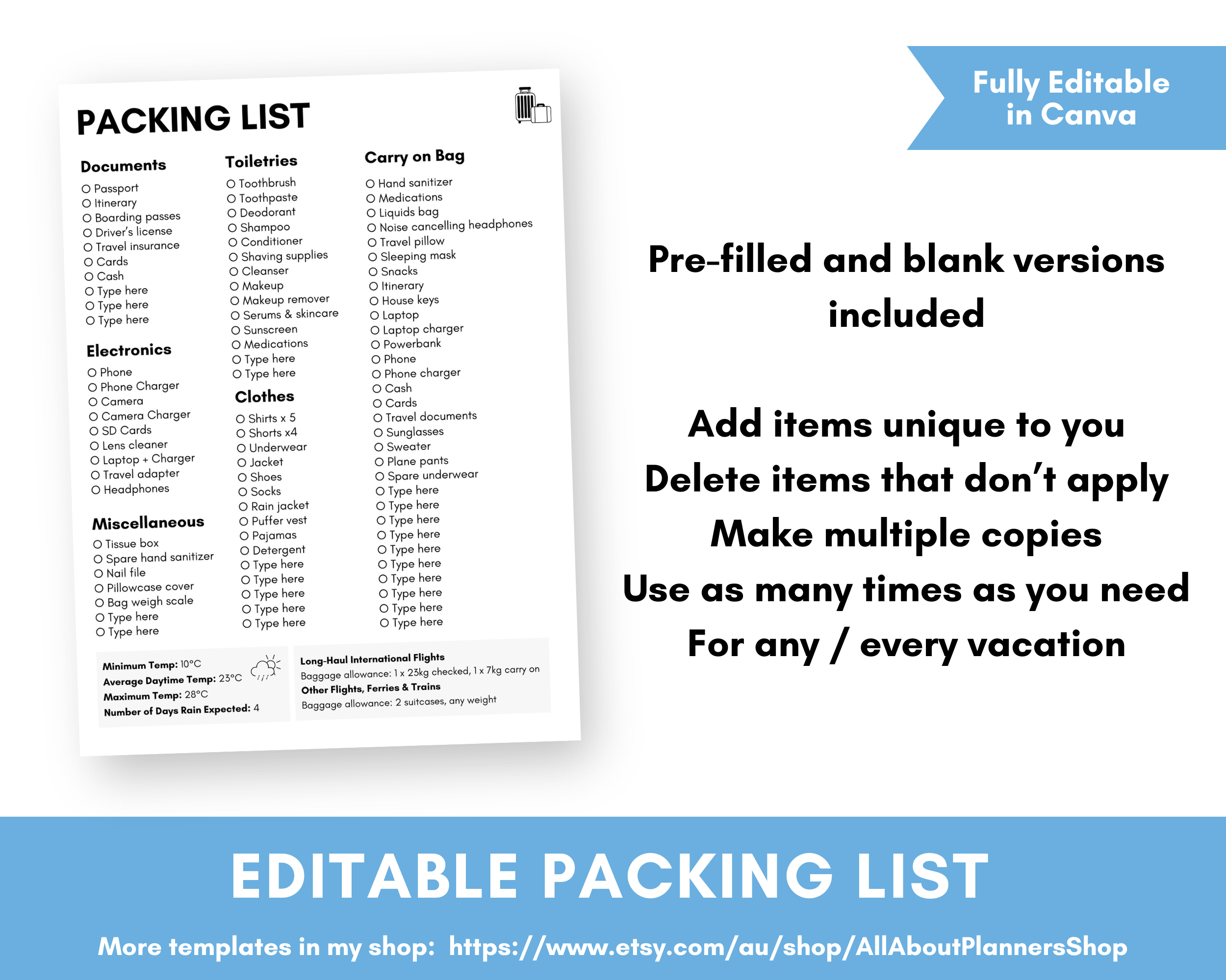 packing list printable for travel vacation trip holiday fully editable customisable in canva simple minimalist digital checklist