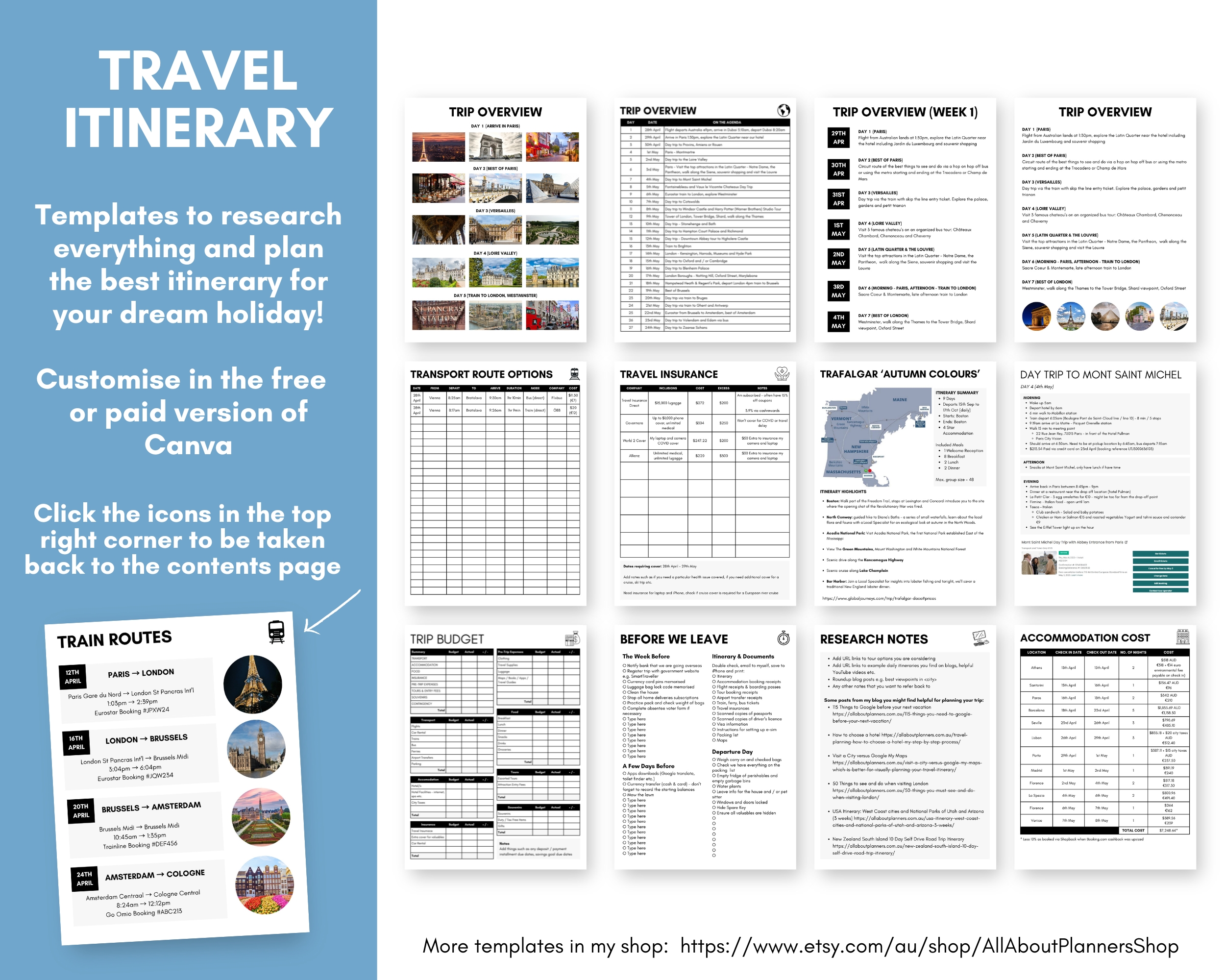 travel itinerary template Canva editable Paris Europe month long vacation planner overseas holiday hotel tours packing list budget spending