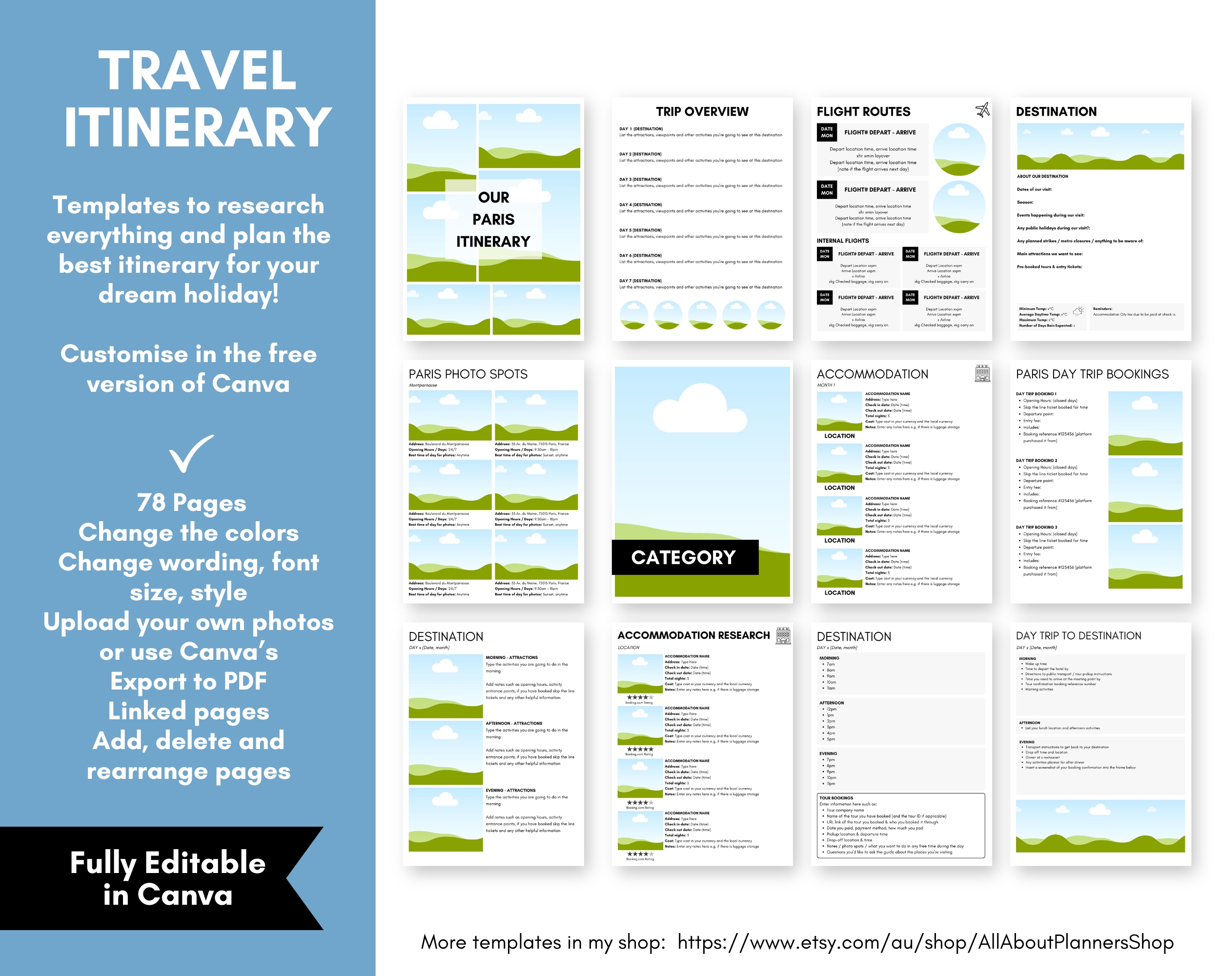 travel itinerary template canva editable research organizer multi day tour comparison add photos viewpoints vacation planner holiday hotel tours packing list budget spending