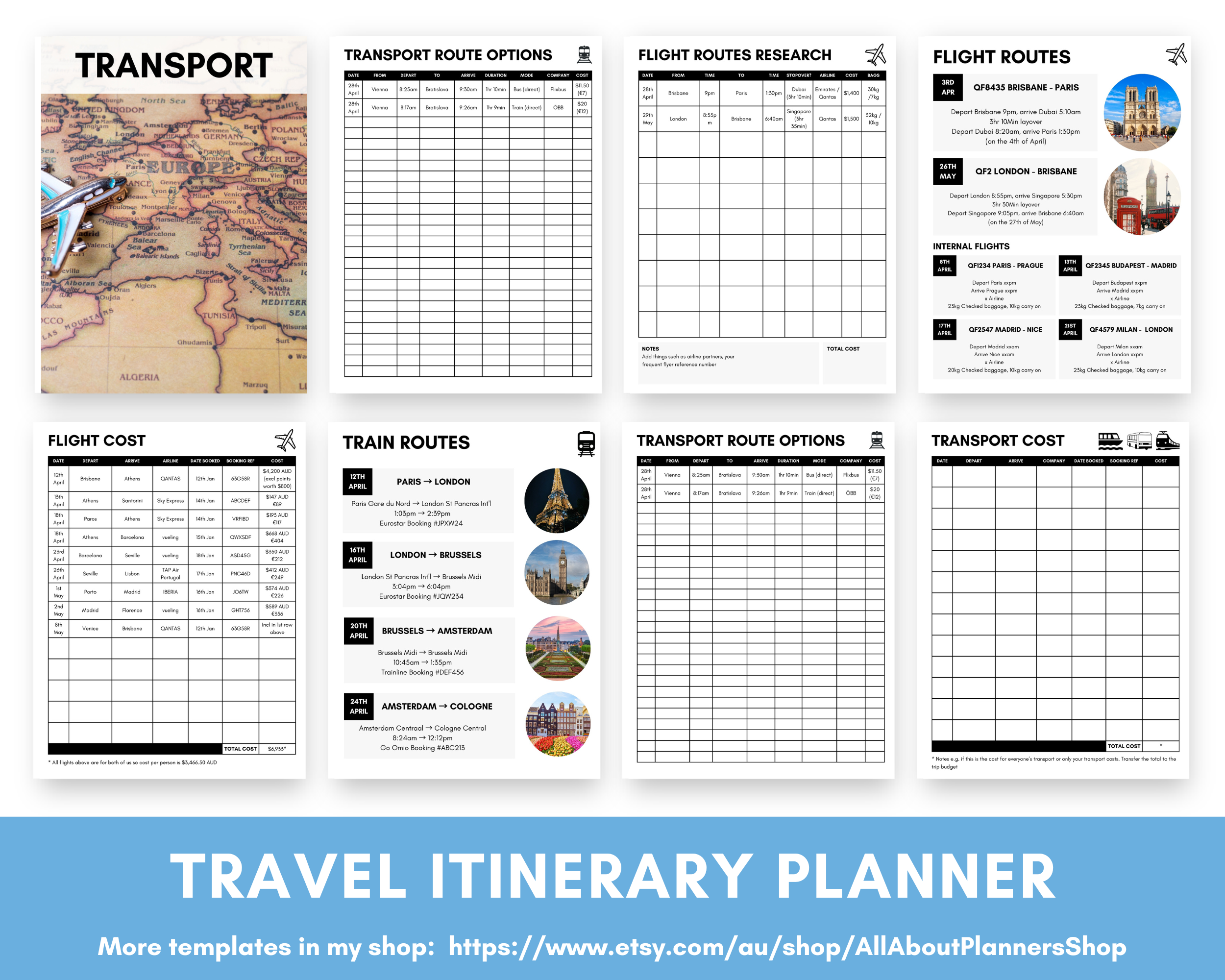 travel planning printables itinerary template transport train flights organizer editable in canva budget route comparison
