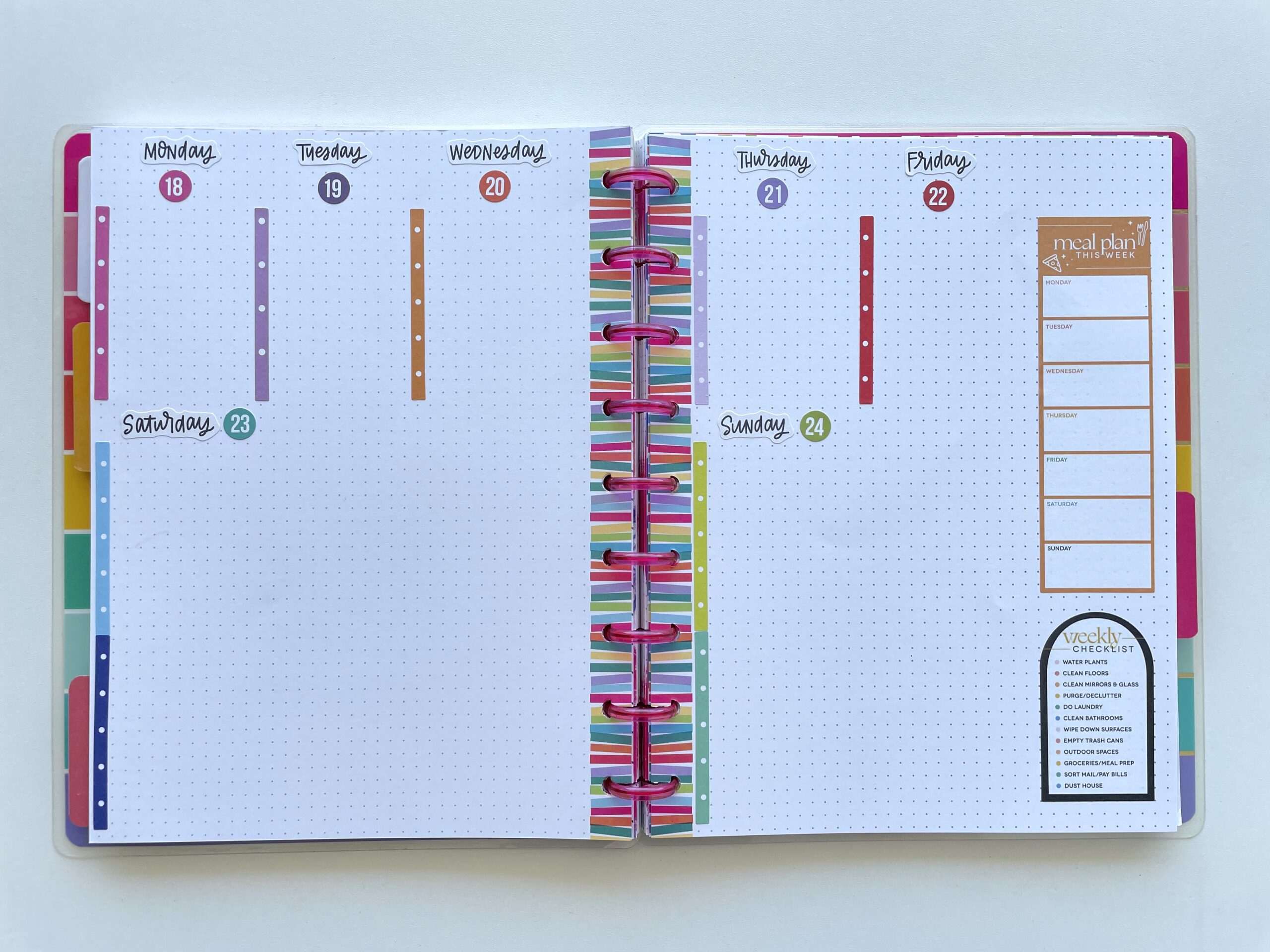 vertical weekly spread bullet journaling in happy planner rainbow checklist larger weekend planning section meal plan sidebar sticker cleaning routine tracker